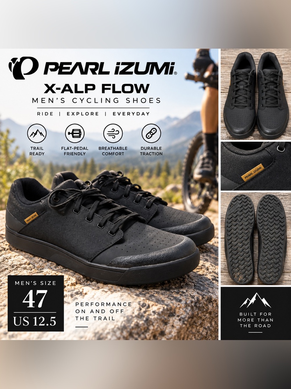 PEARL iZUMi X-Alp Flow Mountain Bike Shoes Men’s EU 47 US 12.5 Black MTB
